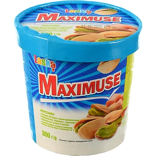 Морозиво 12% зі смаком фісташки крихтами кондитерської глазурі та печива Карамель Maximuse Laska ст 300г