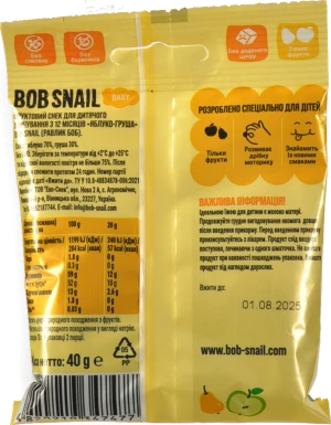 Снек фруктовий для дітей від 12міс Apple-pear Baby Bob Snail м/у 40г