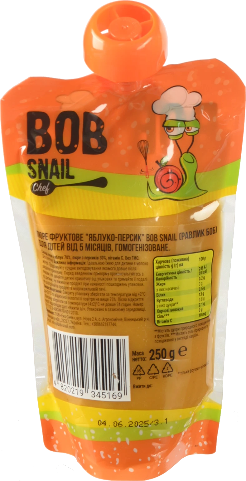 Пюре для дітей від 5міс фруктове Яблуко-персик Baby Bob Snail д/п 250г