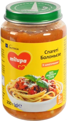 Пюре Milupa 200г овочеве з макаронами та яловичиною спагеті болоньєзе від 8 місяців