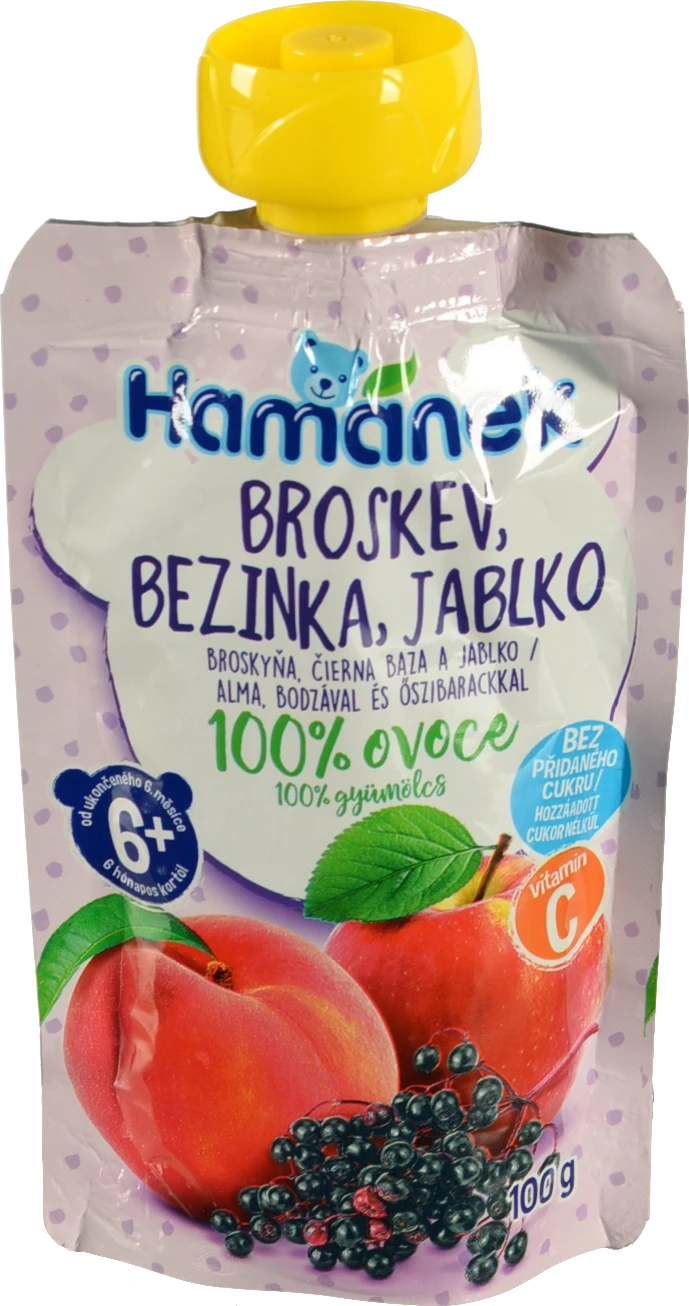 Пюре для дітей від 6міс фруктово-ягідне Яблуко з персиком та бузиною Hamanek д/п 100г