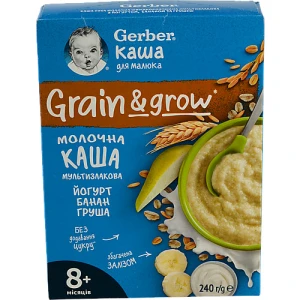 Каша молочна для дітей від 8міс мультизлакова з йогуртом бананом та грушею Gerber к/у 240г