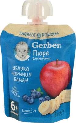 Пюре для дітей від 6міс Яблуко, чорниця, банан Gerber д/п 90г