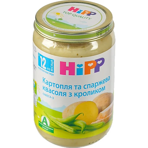 Пюре для дітей від 12міс Картопля та спаржева квасоля з кроликом Hipp с/б 220г
