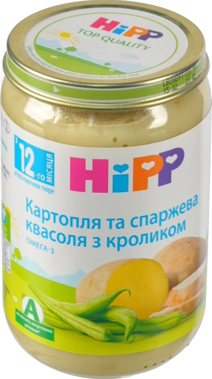Пюре для дітей від 12міс Картопля та спаржева квасоля з кроликом Hipp с/б 220г