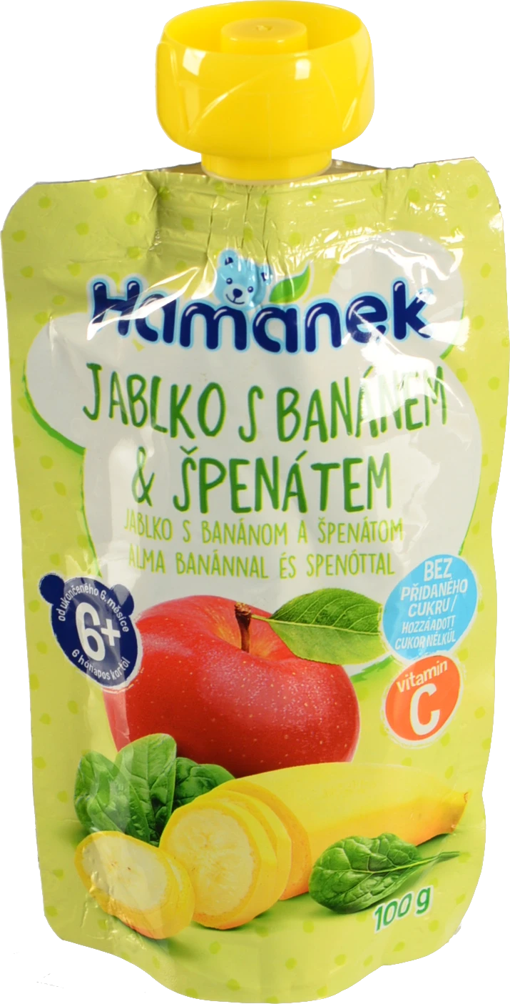 Пюре для дітей від 6міс фруктово-овочеве Яблуко з бананами та шпинатом Hamanek д/п 100г