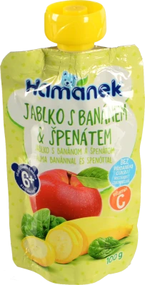 Пюре для дітей від 6міс фруктово-овочеве Яблуко з бананами та шпинатом Hamanek д/п 100г