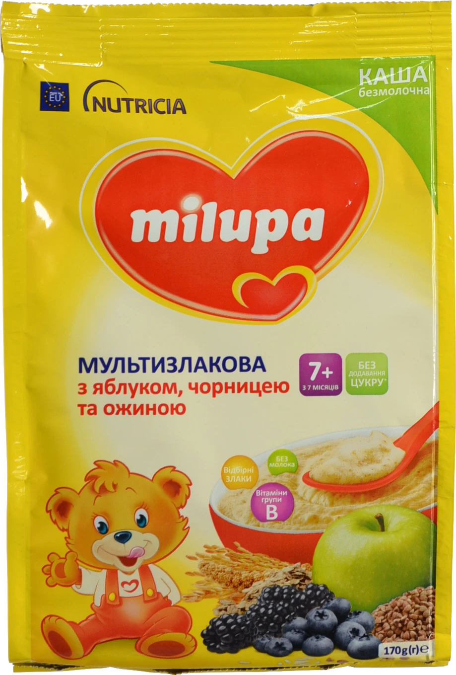 Каша безмолочна для дітей від 7міс суха мультизлакова з яблуком чорницею та ожиною Milupa м/у 170г