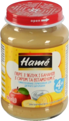 Пюре для дітей від 4міс Яблуко та банан з сиром Hame с/б 190г