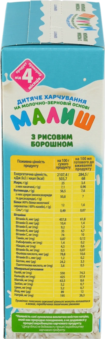 Суміш суха на молочно-зерновій основі для дітей від 4міс З рисовим борошном Малиш к/у 350г