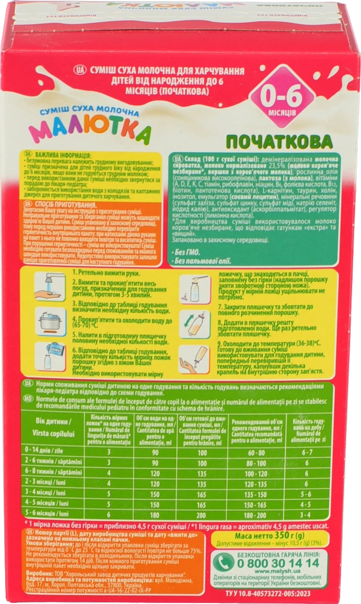 Суміш молочна суха для дітей 0-6міс №1 Малютка к/у 350г