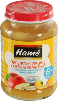 Пюре для дітей від 6міс з яблук і персиків з сиром та вітаміном С Hame с/б 190г