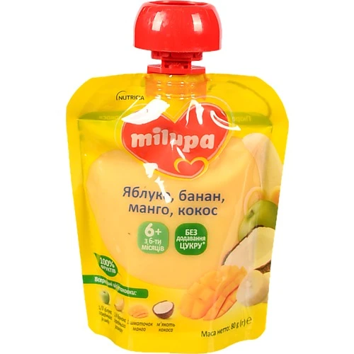 Пюре для дітей від 6міс фруктове Яблуко-банан-манго-кокос Milupa д/п 80г