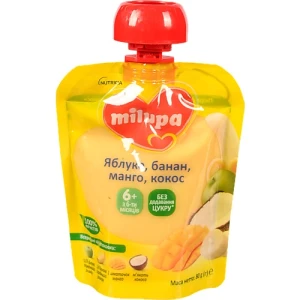 Пюре для дітей від 6міс фруктове Яблуко-банан-манго-кокос Milupa д/п 80г