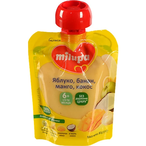 Пюре для дітей від 6міс фруктове Яблуко-банан-манго-кокос Milupa д/п 80г