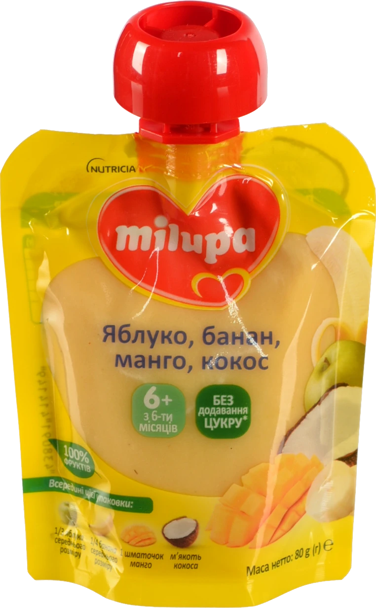 Пюре для дітей від 6міс фруктове Яблуко-банан-манго-кокос Milupa д/п 80г