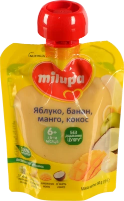 Пюре для дітей від 6міс фруктове Яблуко-банан-манго-кокос Milupa д/п 80г