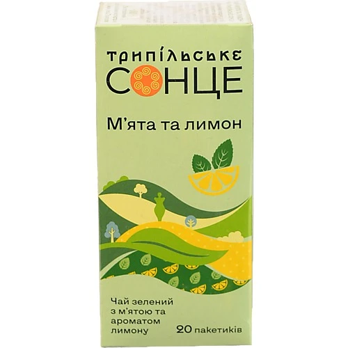 Чай зелений байховий М'ята та Лимон Трипільське Сонце к/у 20х1.6г