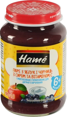 Пюре для дітей від 6міс Яблуко та чорниця з сиром Hame с/б 190г