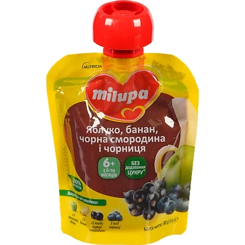Пюре для дітей від 6міс фруктове Яблуко-банан-чорна смородина-чорниця Milupa д/п 80г