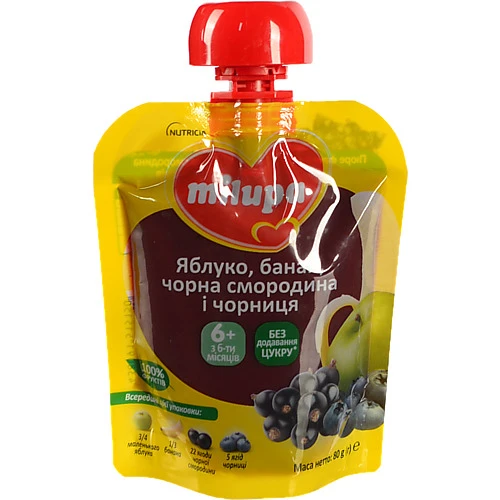 Пюре для дітей від 6міс фруктове Яблуко-банан-чорна смородина-чорниця Milupa д/п 80г