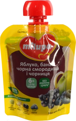 Пюре для дітей від 6міс фруктове Яблуко-банан-чорна смородина-чорниця Milupa д/п 80г