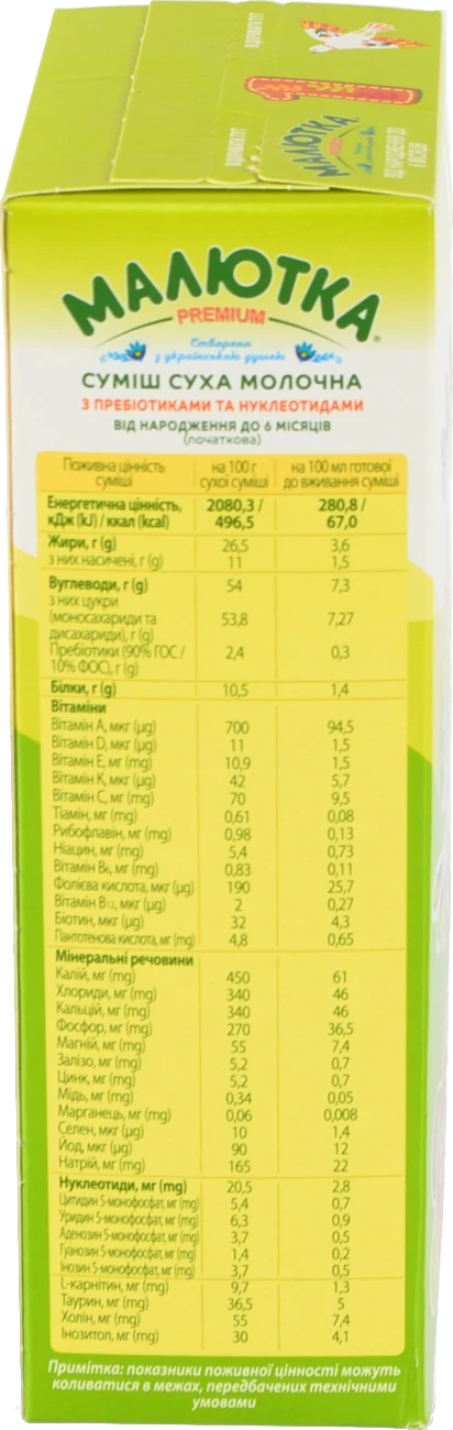 Суміш молочна для дітей 0-6міс суха з пребіотиками та нуклеотидами №1 Малютка Premium к/у 350г