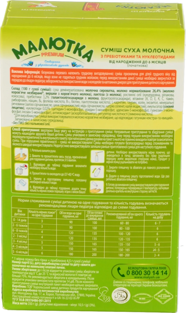Суміш молочна для дітей 0-6міс суха з пребіотиками та нуклеотидами №1 Малютка Premium к/у 350г