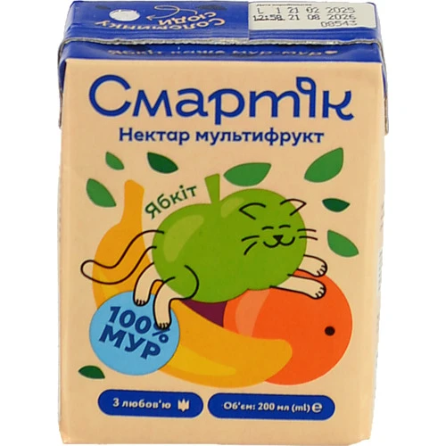 Нектар з м'якоттю та цукром гомогенізований та стерилізований мультифрукт Смартік т/п 200мл
