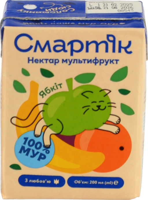 Нектар з м'якоттю та цукром гомогенізований та стерилізований мультифрукт Смартік т/п 200мл