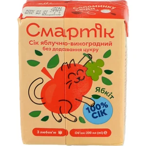 Сік відновлений освітлений та пастеризований яблучно-виноградний Смартік т/п 200мл
