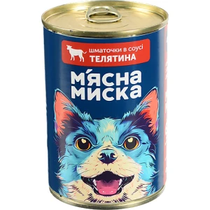 Корм консервований повнораціонний для дорослих собак Телятина Шматочки в соусі М'ясна Миска з/б 415г