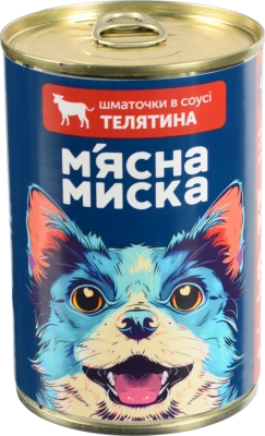 Корм консервований повнораціонний для дорослих собак Телятина Шматочки в соусі М'ясна Миска з/б 415г
