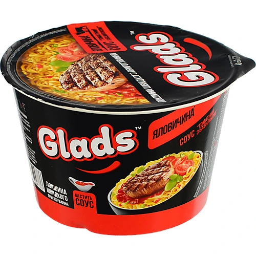 Локшина швидкого приготування Яловичина + Соус Томатний з базиліком Glads ст 85г
