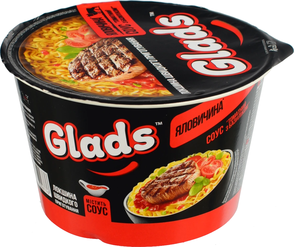 Локшина швидкого приготування Яловичина + Соус Томатний з базиліком Glads ст 85г