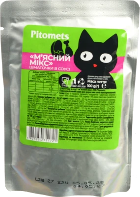 Корм для котів Pitomets 100г шматочки в соусі мясний мікс пауч