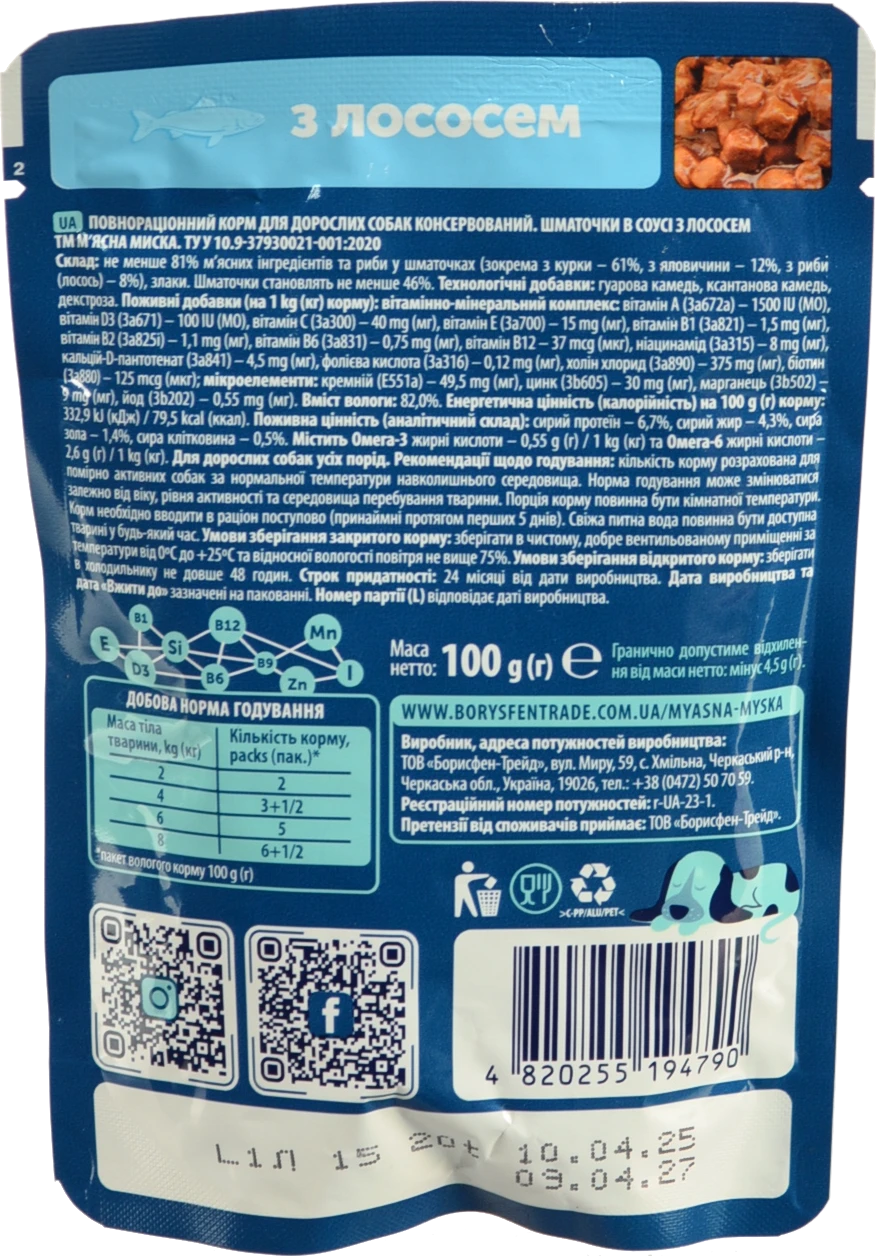 Корм для дорослих собак М'ясна миска - Лосось у соусі - 100г
