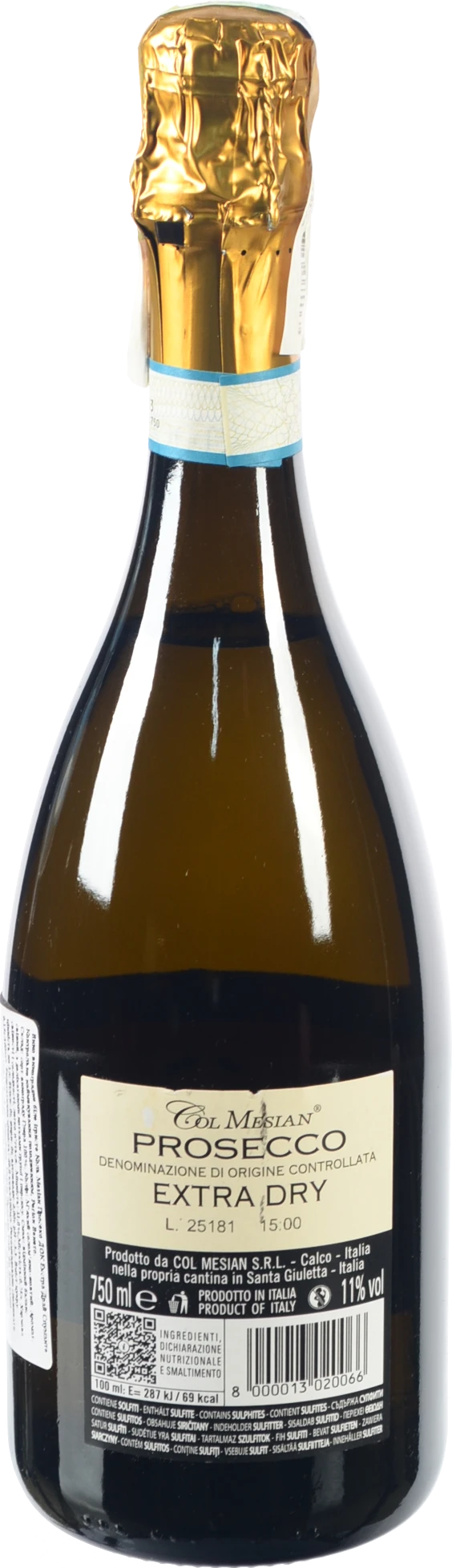 Вино Col Mesian 0.75л ігристе просеко DOC біле екстра сухе 11%