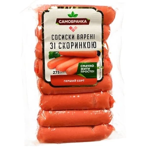 Сосиски варені Зі скоринкою Самобранка в/у 0.275кгСосиски «Самобранка» «Зі скоринкою» варені, першого ґатунку, 275 г