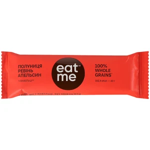 Батончик EatMe фруктово-злаковий із полуницею, ревенем та апельсином у вафельному папері, 40 г
