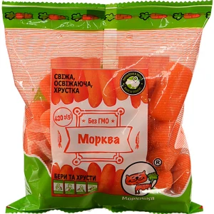 Морква «Моркішка» свіжа мита, очищена у вигляді паличок, фасована, ТМ Полтава-Сад, 420 г