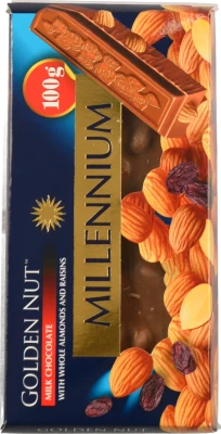 Шоколад молочний з цілим мигдалем та родзинками Golden Nut Millennium к/у 100г
