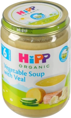 Пюре для дітей від 6міс Овочевий суп з ніжною телятиною Organic Hipp с/б 190г