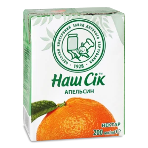 Нектар неосвітлений пастеризований Апельсин Наш сік т/п 200мл