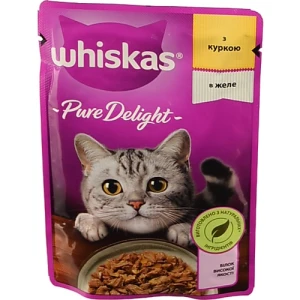 Корм консервований для дорослих котів повнораціонний З куркою в желе Pure Delight Whiskas д/п 85г