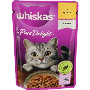 Корм консервований для дорослих котів повнораціонний З куркою в желе Pure Delight Whiskas д/п 85г