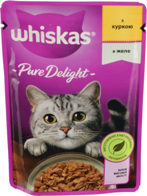 Корм консервований для дорослих котів повнораціонний З куркою в желе Pure Delight Whiskas д/п 85г