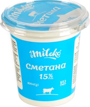 Сметана Mileko 300 г 15% жиру у пластиковому стакані