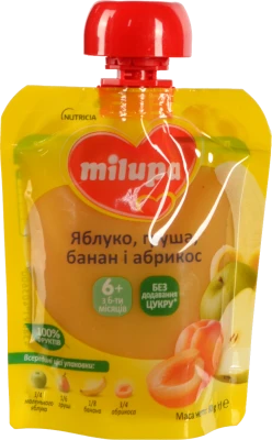 Пюре для дітей від 6міс фруктове Яблуко-груша-банан-абрикос Milupa д/п 80г