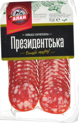 Ковбаса «Президентська» сиров’ялена вищого ґатунку ТМ «Алан», нарізка, 80 г